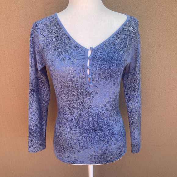 Nieman Marcus 100% Cashmere Collection Blue Floral Sweater Size Small - Picture 2 of 12